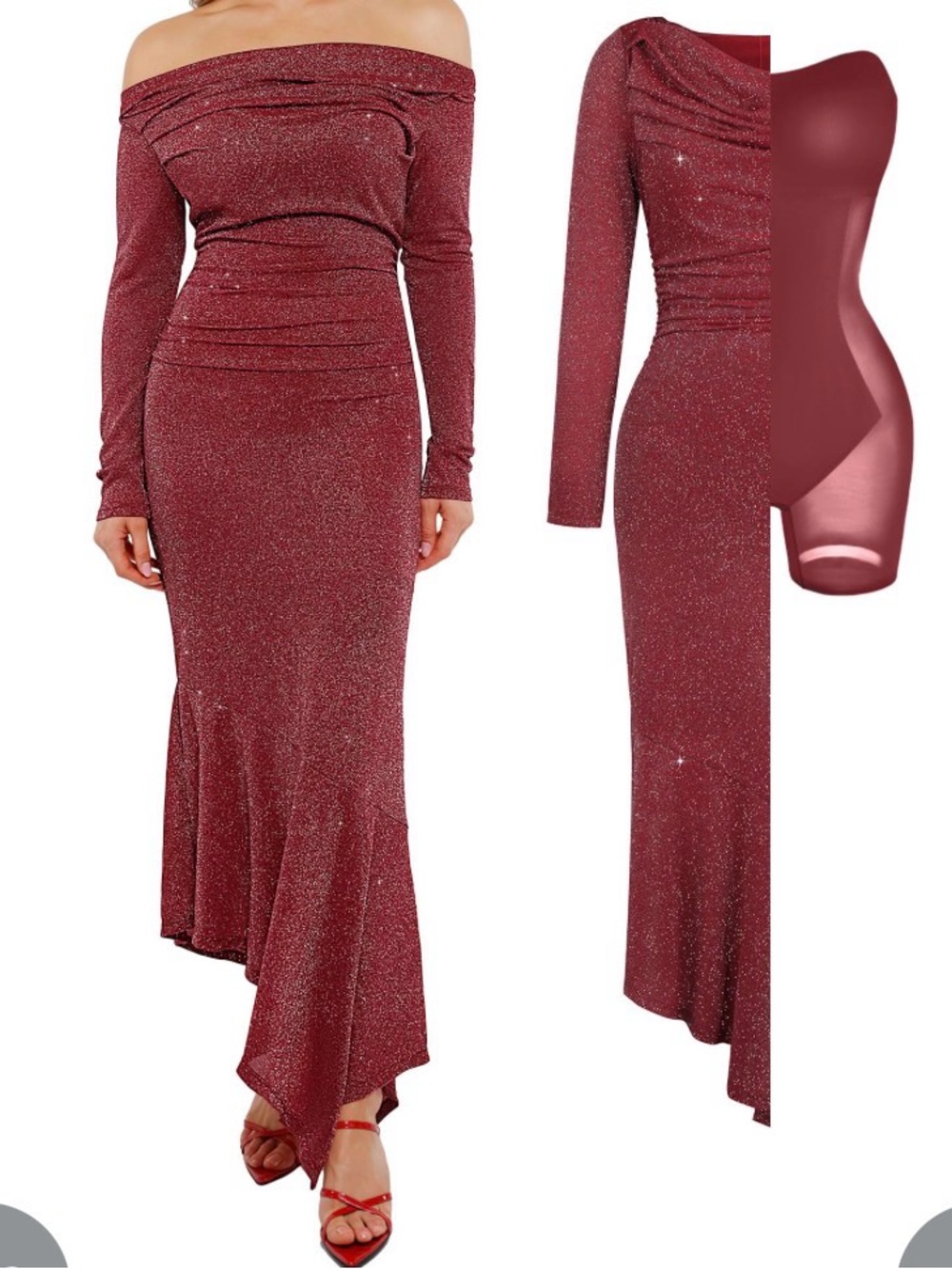 Off-Shoulder Asymmetrical Mermaid Dress in Burgundy Sparkle